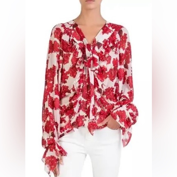 The Kooples Tops - $400 THE KOOPLES size 2  US S to M Silk Hortensia Print Ruffle Blouse